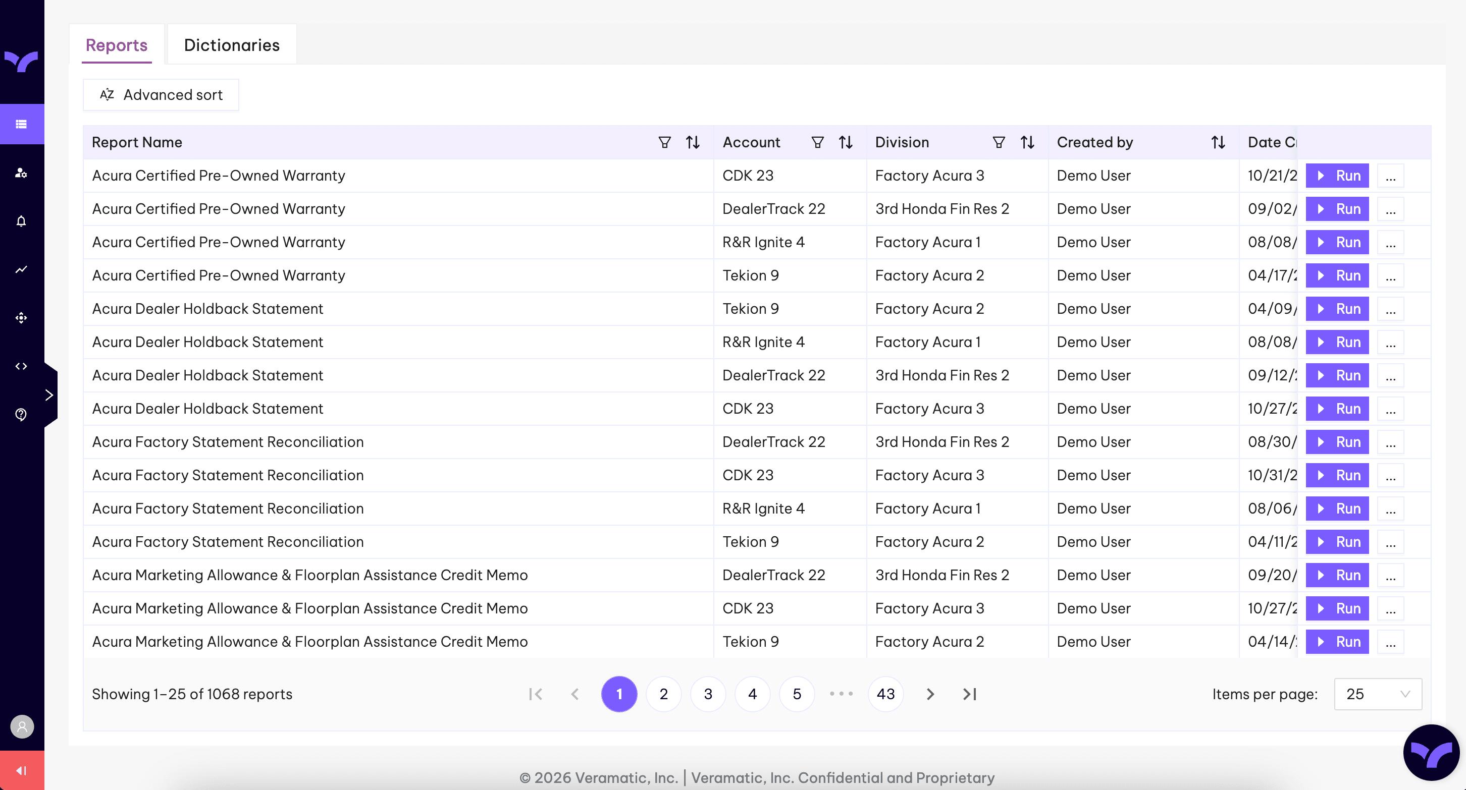 The Report Center landing page showing the Reports and Dictionaries tabs with a list of available reports.