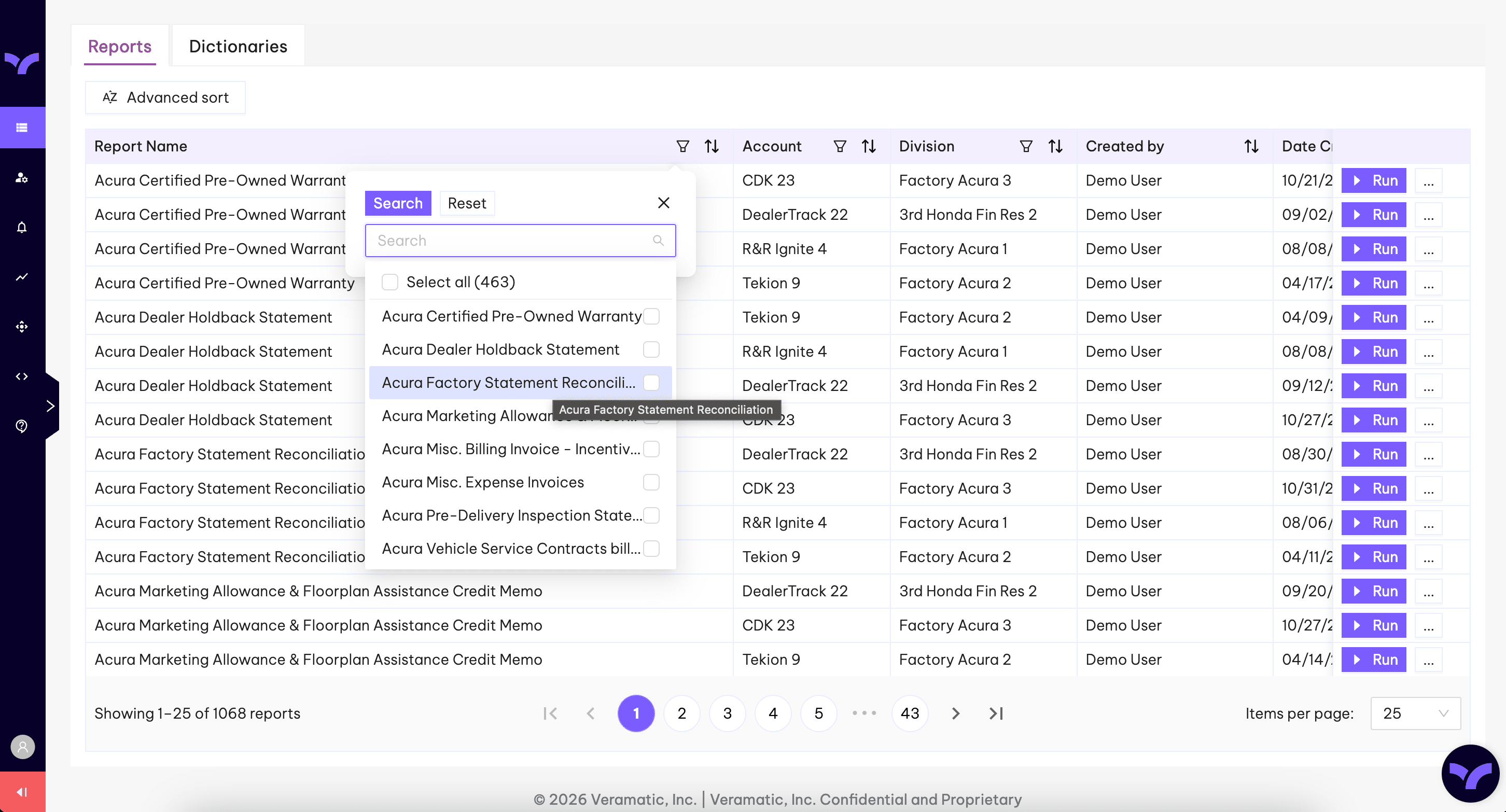 The Reports tab with search and filter controls open, showing reports grouped by account and division.