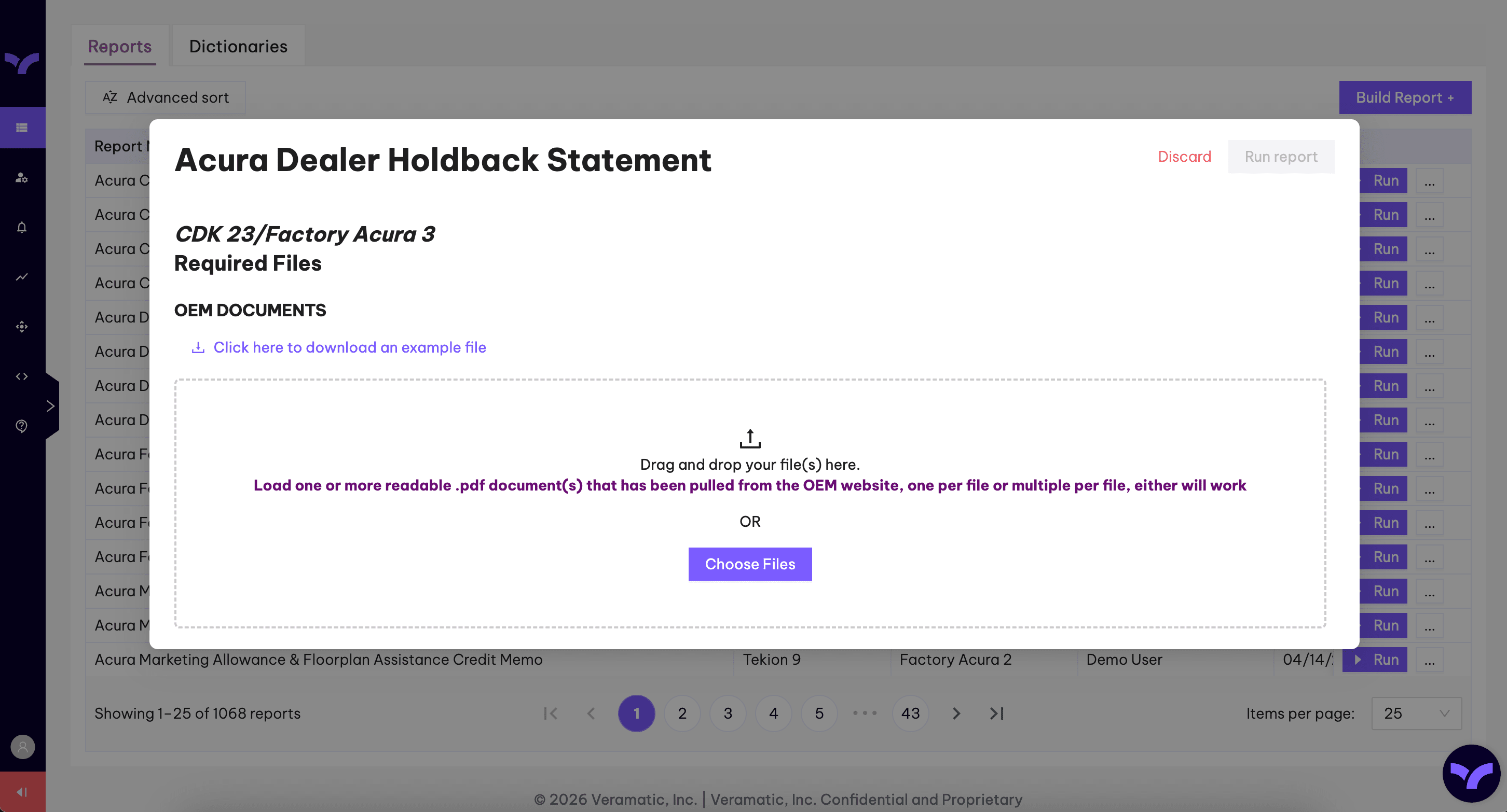 The guided file-upload screen with labeled drop zones, a download-example link, and validation notes.