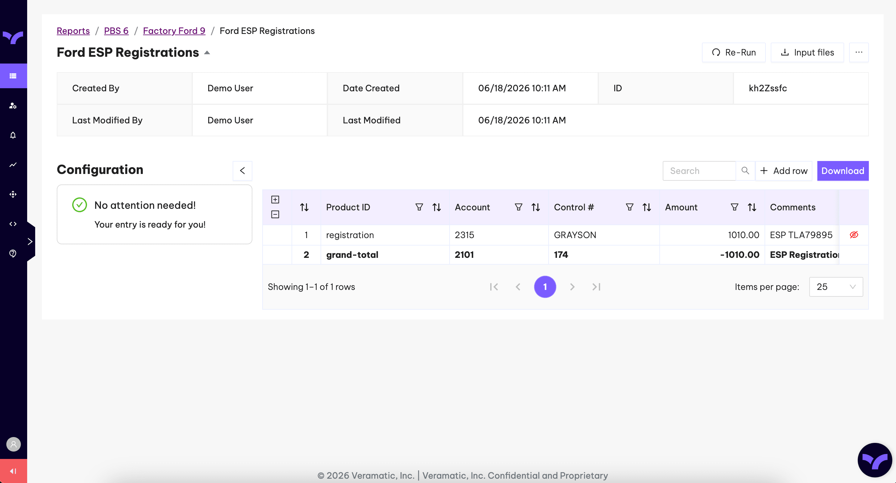A rendered report showing the details header, a "no attention needed" status, editable rows, and a download menu.