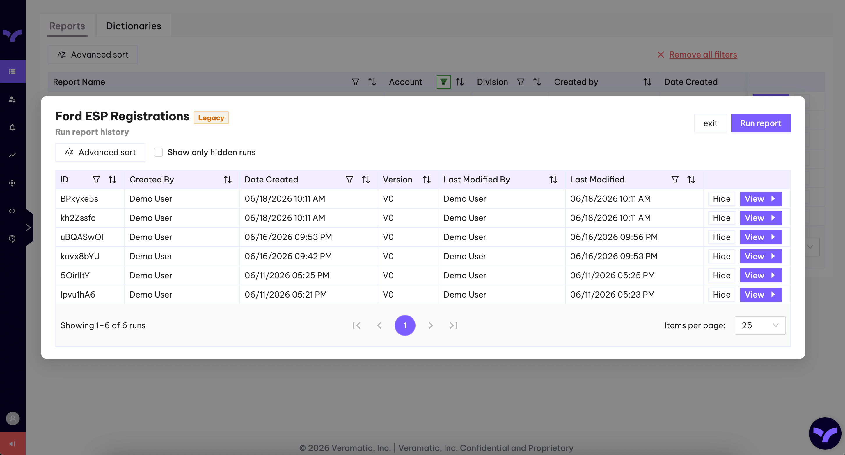 The run-history view for a single report, listing previous runs with hide and unhide controls.