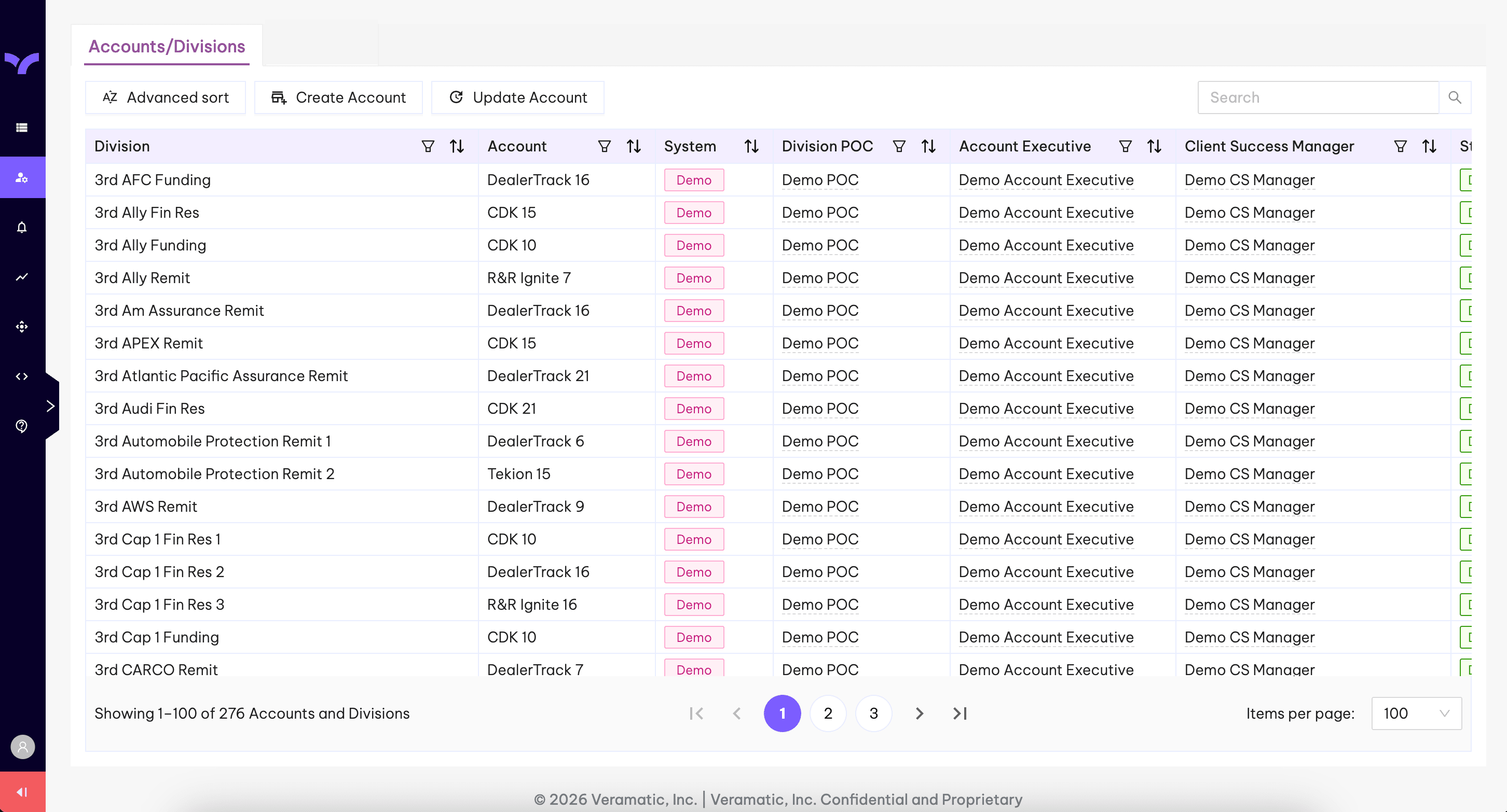 The Accounts and Divisions table with a contact card appearing on hover, showing phone and email.